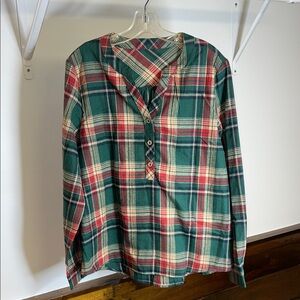 Amazon Green Plaid 3 Button Long Sleeve‎ Flannel Top- L